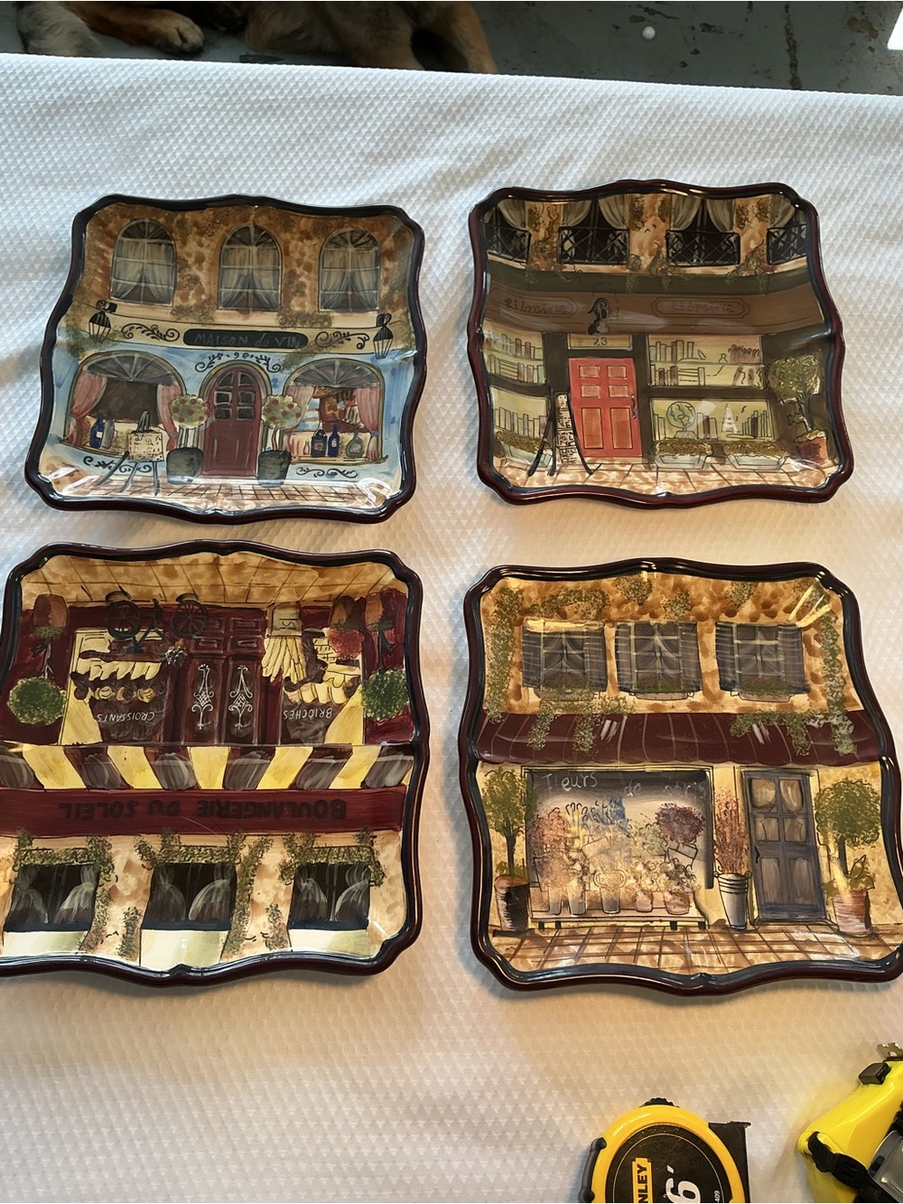 Decorative Set of 4 Ceramic Parisian-Themed Plates - Brown/Gold Accents